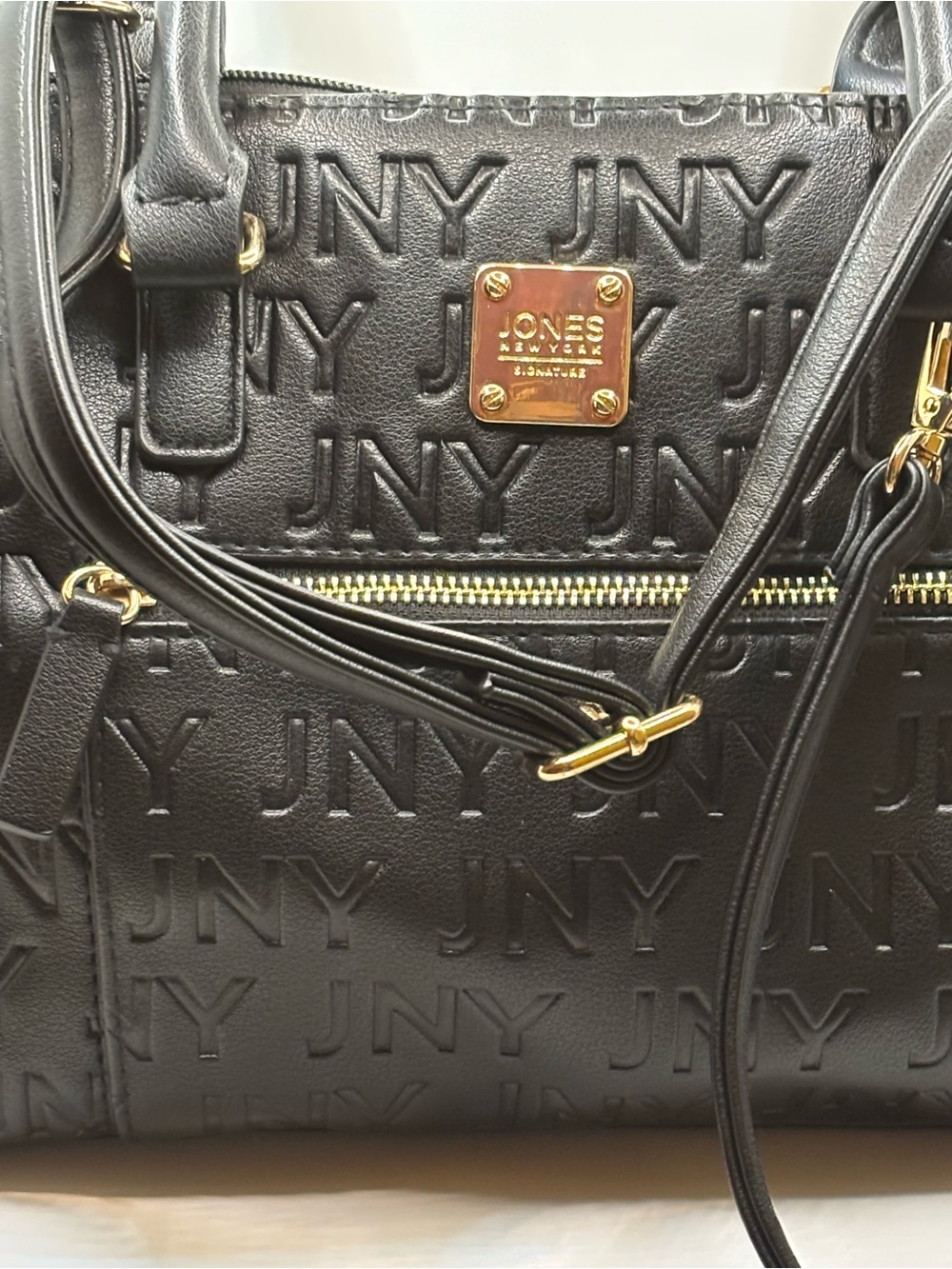 Jones New York Black Embossed Satchel with Gold Accents